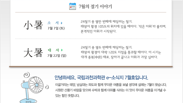 인사말: 안녕하세요. 국립과천과학관 e-소식지 7월호입니다. 이글거리는 태양, 넘실대는 파도와 함께 무더운 여름을 보낼 생각에 설레는 7월이 왔습니다. 시원한 선풍기 바람을 맞으며 수박과 함께 더위를 식히는 이 맛이 무더운 여름을 이겨낼 수 있는 힘인 듯합니다.  
 
7월의 절기
 -소서 (小暑) 7월 7일 (토)
24절기 중 열한 번째에 해당하는 절기. 태양이 황경 105도의 위치에 있을 때이다. '작은 더위'라 불리며, 본격적인 더위가 시작된다.
 -대서 (大暑) 7월 22일 (일)
24절기 중 열두 번째에 해당하는 절기. 태양의 황경이 대략 120도 지점을 통과할 때이다. 
이 시기는 대개 중복(中伏) 때로, 장마가 끝나고 더위가 가장 심하다.
