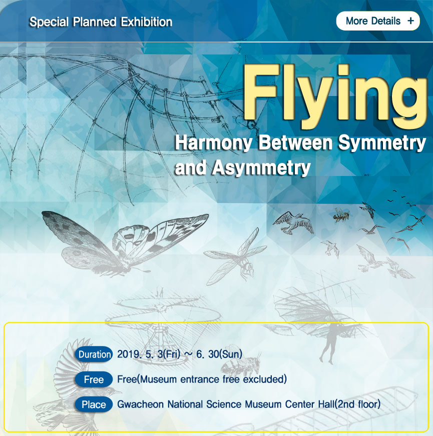 Special Planned Exhibition Flying Harmony Between symmetry and Asymmetry Duration 2019.5.3(Fri) ~ 6.30(Sun) Free Free(Museum entrance excluded Place Gwacheon National Science Museum Center Hall(2nd floor)