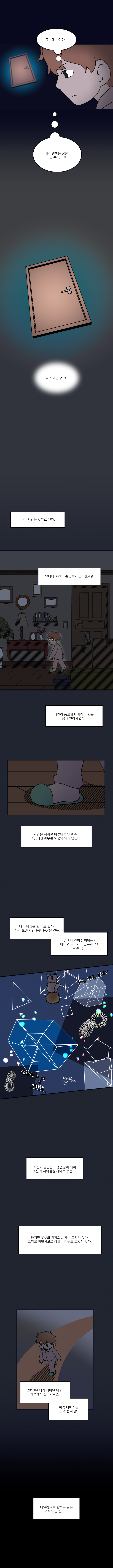 그곳에 가야만, 내가 원하는 꿈을 이룰 수 있어!!, 나의 비밀창고!!, 나는 그 시간을 잊기로 했다, 얼마나 시간이 흘렀는지 궁금했지만, 시간이 중요하지 않다는 것을 금새 알아차렸다, 시간은 시계로 이루어져 있을뿐, 이곳에선 아무런 도움이 되지 않는다, 난 방향을 알수도 없다. 마치 오랜 시간 동안 동굴을 걷듯, 얼마나 깊이 들어왔는지 아니면 돌아가고 있는지 조차 알 수 없다. 시간과 공간은 고정관념이 되어 흐름과 채워짐을 하나로 묶는다. 하지만 우주와 원자의 세계는 그렇지 않다. 그리고 비밀창고로 향하는 이곳도 그렇지 않다. 2010년 내가 태어난 이후 계속해서 찾아가지만 아직 나에게는 이곳이 쉽지 않다. 비밀창고로 향하는 길은 오직 어둠 뿐이다.