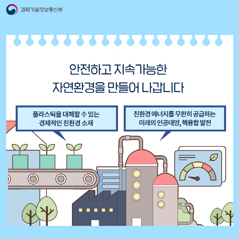 안전하고 지속가능한 자연환경을 만들어 나갑니다. 플라스틱을 대체 할수 있는 경제적인 친환경 소재 친환경 에너지를 무한히 공급 하는 미래의 인공 태양, 핵융합 발전