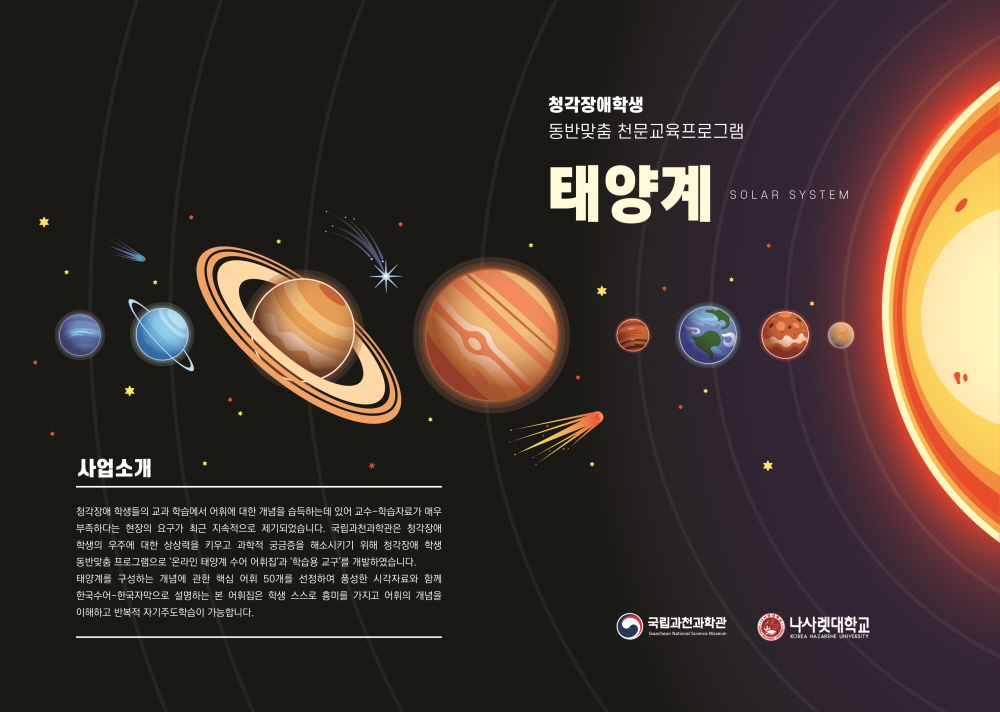 청각장애학생 동반맞춤 천문교육프로그램 태양계(SOLAR SYSTEM) 사업소개 : 청각장애 학생들의 교과 학습에서 어휘에 대한 개념을 습득하는데 있어 교수-학습자료가 매우 부족하다는 현장의 요구가 최근 지속적으로 제기되었습니다. 국립과천과학관은 청각장애학생의 우주에 대한 상상력을 키우고 과학적 궁금증을 해소시키기 위해 청각장애 학생동반맞춤 프로그램으로 온라인 태양계 수어 어휘집과 학습용 교구를 개발하였습니다. 태양계를 구성하는 개념에 관한 핵심 어휘 50개를 선정하며 풍성한 시각자료와 함께 한국수어-한국자막으로 설명하는 본 어휘집은 학생 스스로 흥미를 가지고 어휘의 개념을 이해하고 반복적 자기주도학습이 가능합니다.