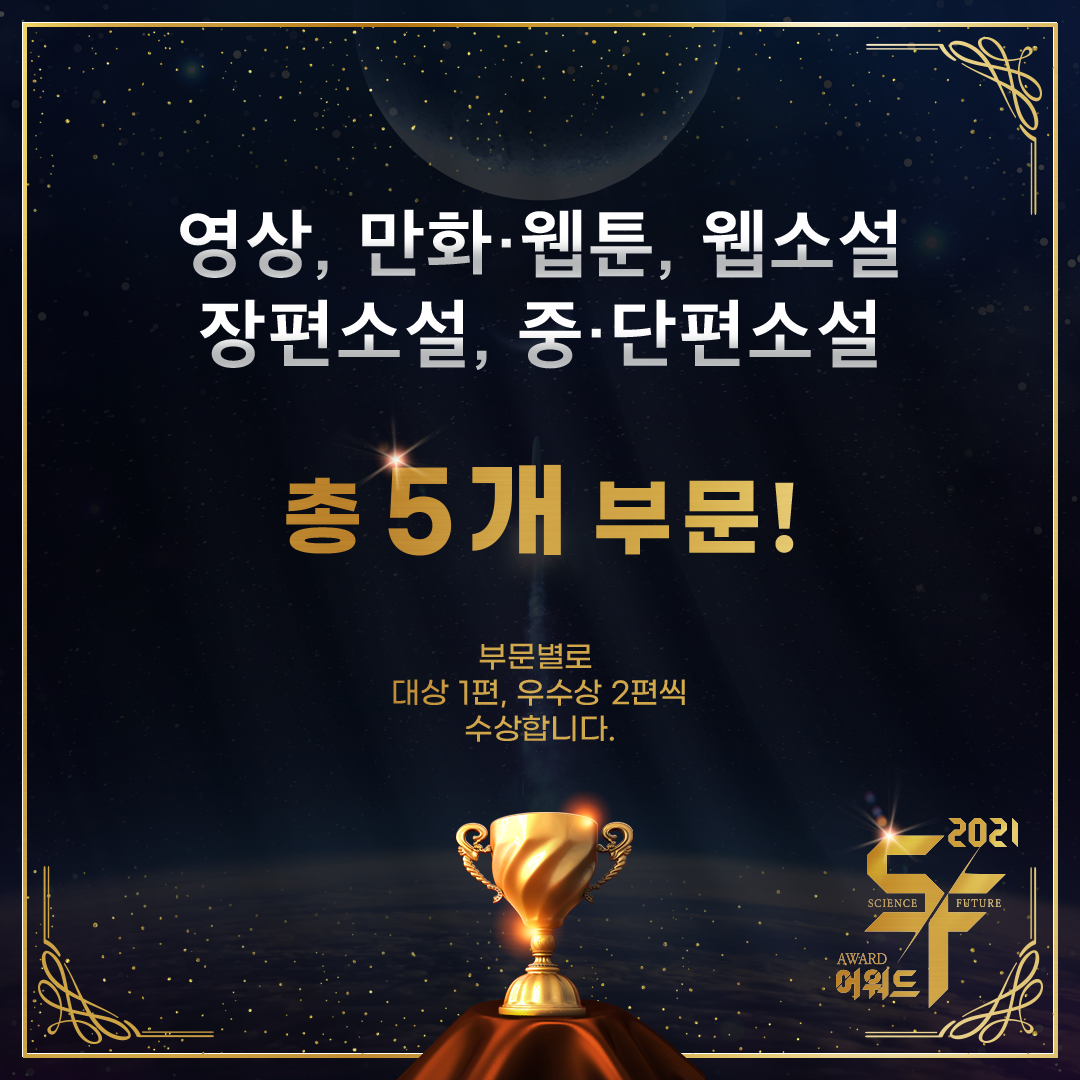 영화, 만화 웹툰, 웹소설 장편소설, 중단편소설 총 5개부문! 부문별로 대상 1편, 우수상 2편씩 수상합니다.