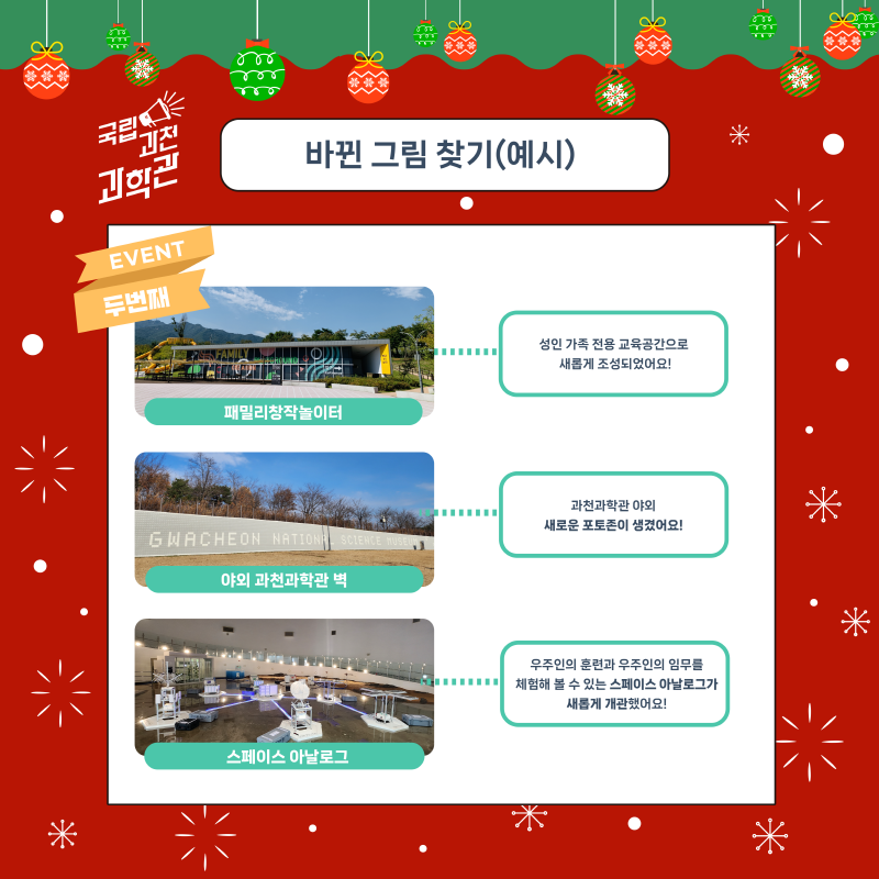 EVENT 두번째 바뀐 그림 찾기(예시) 패밀리창작놀이터 성인 가족 전용 교육공간으로 새롭게 조성되었어요! 야외 과천과학관 벽 과천과학관 야외 새로운 포토존이 생겼어요! 스페이스 아날로그 우주인의 훈련과 우주인의 임무를 체험해 볼 수 있는 스페이스 아날로그가 새롭게 개관했어요!
