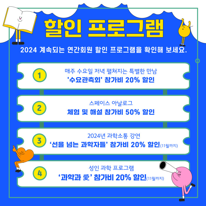 할인 프로그램 2024 계속되는 연간회원 할인 프로그램을 확인해 보세요. 1 매주 수요일 저녁 펼쳐지는 특별한 만남 '수요관측회' 참가비 20% 할인 2 스페이스 아날로그 체험 및 해설 참가비 50% 할인 2024년 과학소통 강연 '선을 넘는 과학자들' 참가지 20% 할인 (11월까지) 4 성인 과학 프로그램 '과학과 애' 참가비 20% 할인 (11월까지)