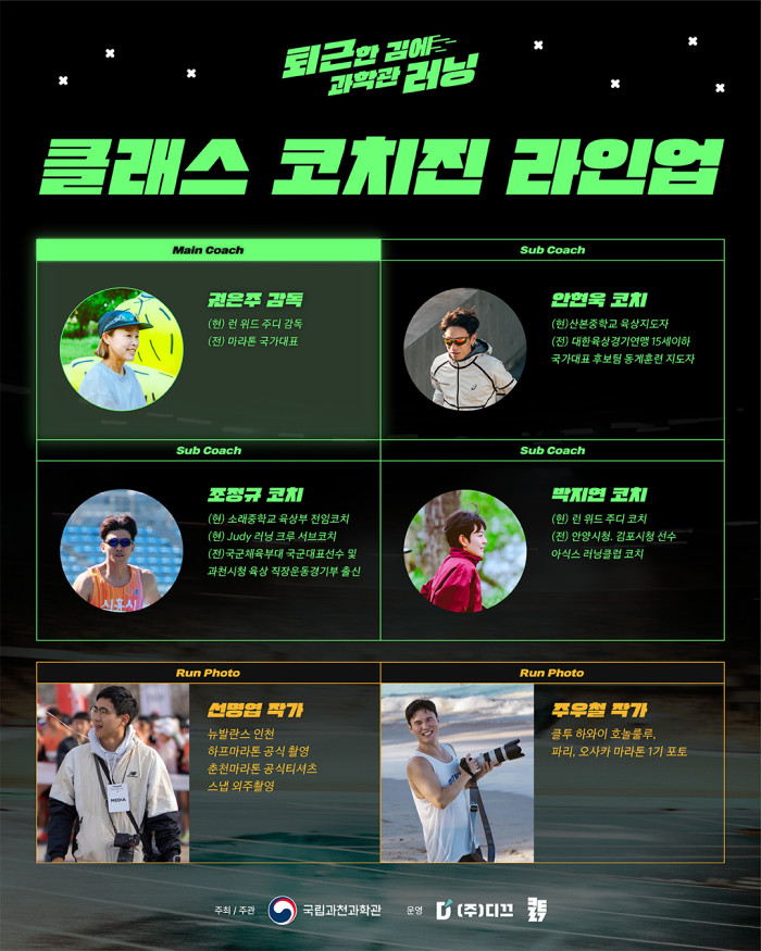 퇴근함 김에 과학관 러닝 클래스 코치진 라인업 Main Coach 권은주 감독 (현) 런 위드 주디 감독 (전) 마라톤 국가대표 Sub Coach 안현욱 코치 (현) 산본중학교 육상지도자 (전) 대학육상경기연맹 15세이하 국가대표 후보팀 동계훈련 지도자 Sub Coach 조정규 코치 (현) 소래중학교 육상부 전임코치 (현) Judy 러닝 크루 서브코치 (전) 국군 체육부대 국군 대표선수 및 과천시청 육상 직장운동경기부 출신 Sub Coach 박지연 코치 (현) 런 위드 주디 코치 (전) 안양시청, 김포시청 선수 아식스 러닝클럽 코치 Run Photo 선명엽 작가 뉴발란스 인천 하프마라톤 공식 촬영 춘천마라톤 공식티셔츠 스냅 외주촬영 Run Photo 주우철 작가 클투 하와이 호놀룰루, 파리, 오사카 마라톤 1기 포토 주최 / 주관 국립과천과학관 운영 (주)디끄