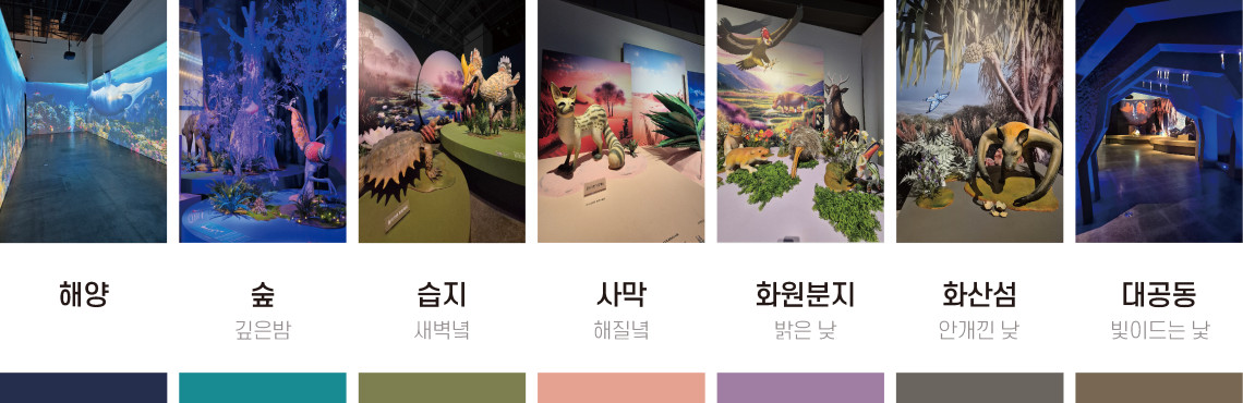 해양 | 숲 깊은밤 | 습지 새벽녘 | 사막 해질녘 | 화원분지 밝은 낮 | 화산섬 안개낀 낮 | 대공동 빛이드는 낮